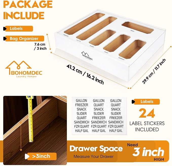 6 in 1 Bamboo Ziploc Bag Storage Organizer, White Baggie Organizer for Drawer with Sliding Lid - Fits Gallon, Quart, Sandwich, Snack & Freezer Bags, Wall Mountable Kitchen Drawer Organization - Image 3