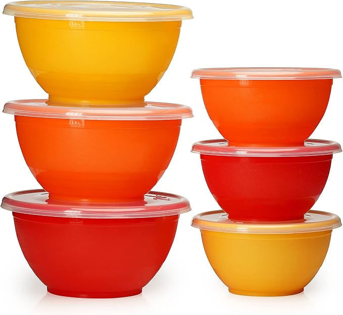 Stephanie Imports Made in USA 6-Piece Set of Prep & Store Plastic Bowls with Clear Lids (BPA-Free and Dishwasher Safe) - Orange, Red and Yellow by StephanieImports