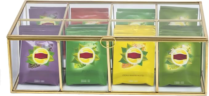 NCYP Glass Tea Bags Organizer with Lid, 8 Compartments Teabag Container, Indoor Counter Top Brass Display Case, 12" x 7.1" x 3.7" Teabag Storage Box, Gold Decor (Glass Box Only) by NCYP