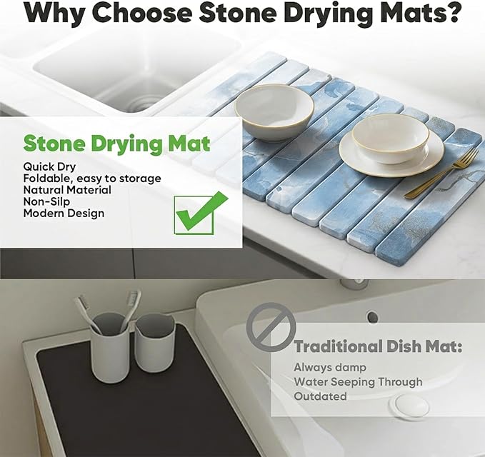 Stone Drying Mat for Kitchen Counter, Quick Diatomaceous Earth Mats for Dishes, 24"L x 16" W Super Absorbent Fast-Drying Collapsible Countertop Stone Mat (Marble White Blue, 24" x 16") - Image 3