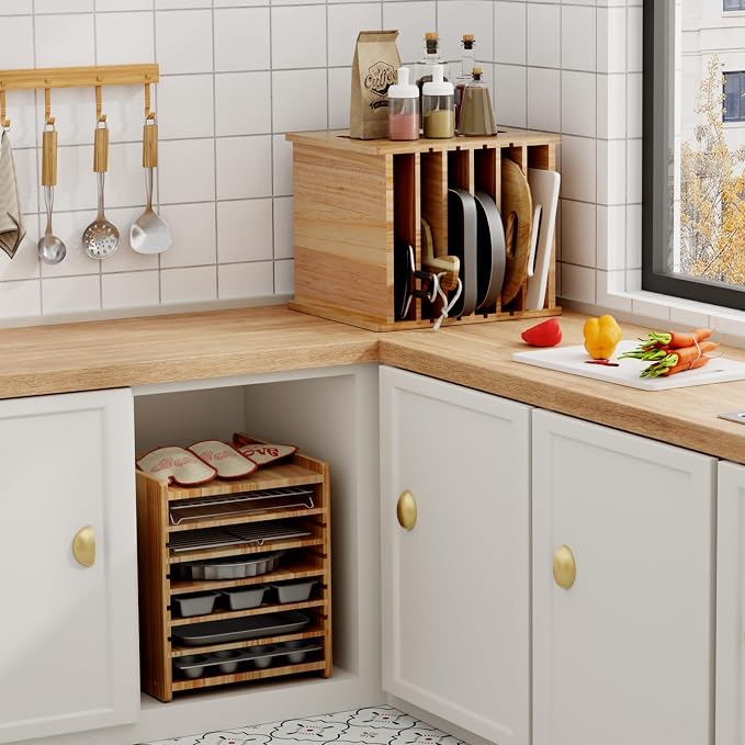 7 Tiers Cookie Sheet Organizer for Cabinet, Wooden Tray Dividers for Kitchen Cabinets Baking Sheet Pan Organizer, for Heavy Pans, Cutting Board, Bakeware, Kitchen Cupboard Storage, Solid Wood - Image 2
