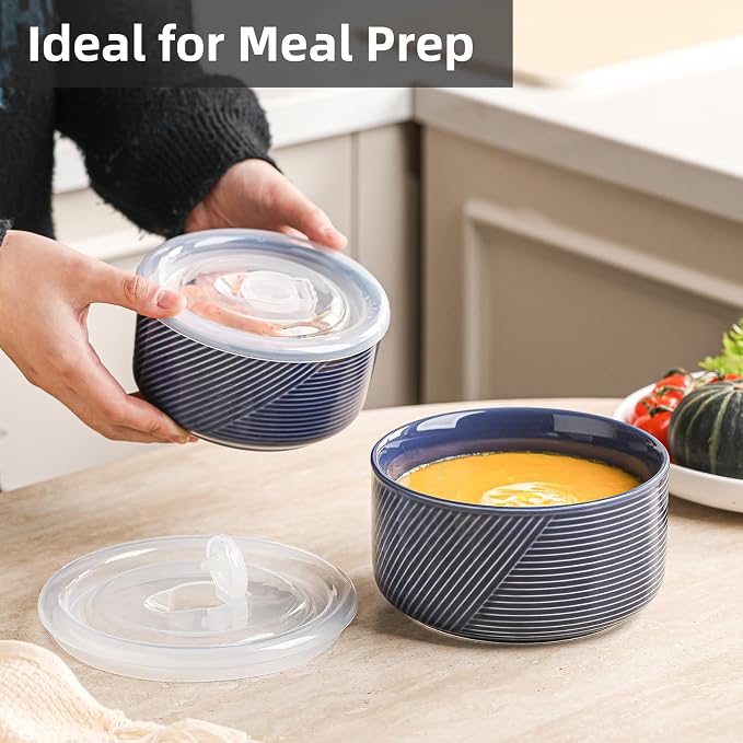Ceramic Nesting Bowls with Lid, Microwave Safe, Set of 2, Navy | Food Storage Containers for Work Lunch Picnic Camping Meal Prep Soup Salad Cereal Leftovers - 5 & 6 Inch, 20 & 32 oz - Image 7
