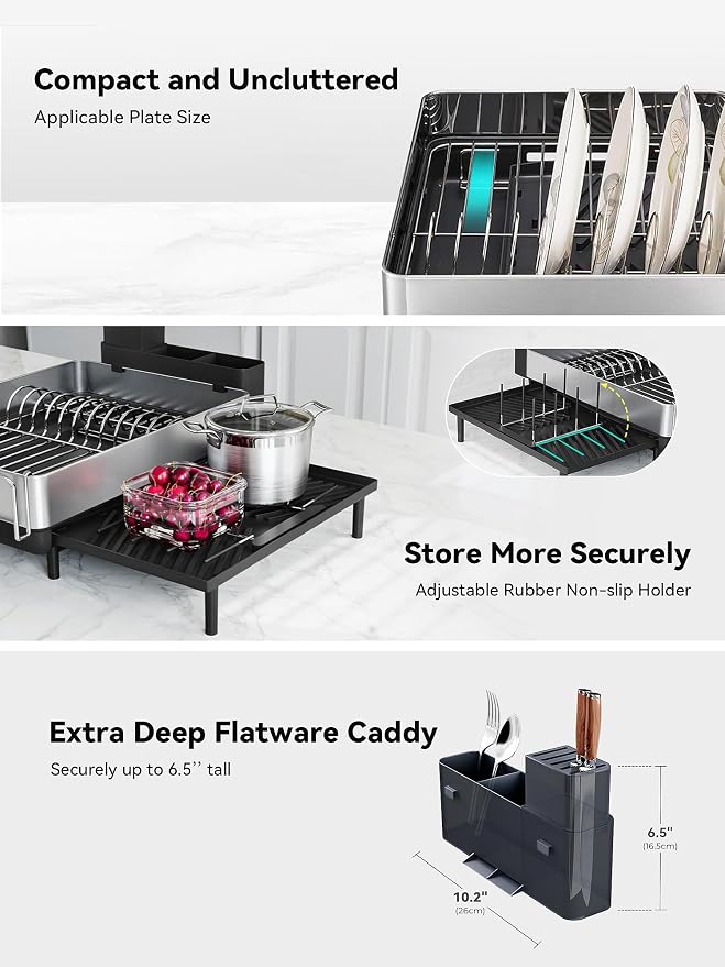Large Dish Drying Rack, Expandable Dish Racks for Kitchen Counter, Space Saving 304 Stainless Steel Drying Rack Kitchen, Extra Large Drainer with Multifunctional Flip Up Pegs, Black - Image 5