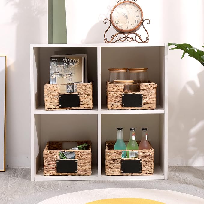 Woven Storage Baskets with Chalk Labels, 10.8x9x4.9 Inch, 4 Pack | Foldable Rectangular Water Hyacinth Organizers with Built-in Handles for Shelves, Pantry, Closet - Image 3