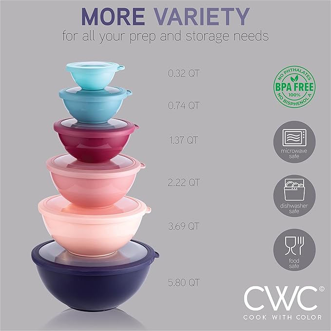COOK WITH COLOR Mixing Bowls with TPR Lids - 12 Piece Plastic Nesting Bowls Set includes 6 Prep Bowls and 6 Lids, Microwave Safe Mixing Bowl Set (Multicolored Set with Large Blue Bowl) - Image 4