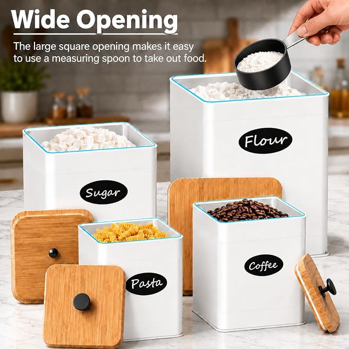 Kitchen Canister Set of 4, White Airtight Metal Flour Sugar Containers | 4 Practical Capacities, Flat Bamboo Lids, Wide Openings, Reusable Chalkboard Labels & Marker, Countertop and Pantry Organized - Image 6