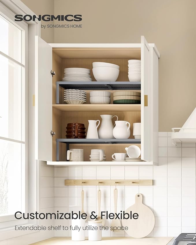 SONGMICS Spice Racks Expandable Kitchen Countertop Shelves, Metal | Set of 2 small cupboard organizers, space-saving tabletop shelves, Silver, UKCS402FG01 - Image 2