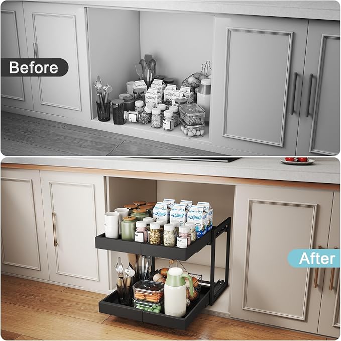 2-Tier Expandable Pull Out Cabinet Organizer, Cabinet Drawers, 16"D | Cabinet Pull Out shelves, Adjustable Pantry Drawers, Slide Out Drawers for Kitchen Cabinets, Under Sink Organizer, Black - Image 9