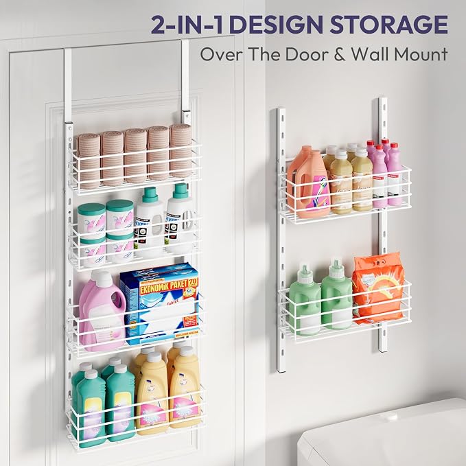 SWTYMIKI Over The Door Organizer - Door Organizer Hanging with 6 Adjustable Metal Large Capacity Basket, Wall Mounted Shelf for Bedroom Closet Bathroom Laundry Pantry Cabinet Kitchen(White) - Image 4
