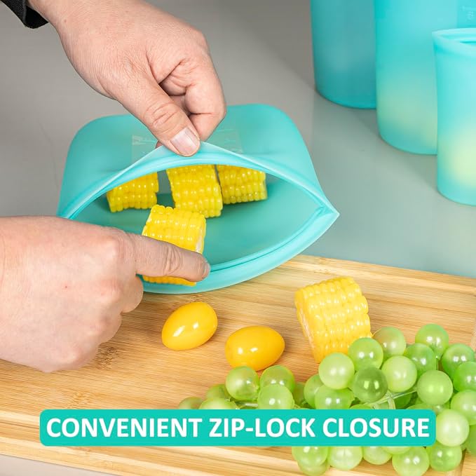 Reusable Storage Bag, 8 Pack 100% Silicone Food Storage Bags Stand Up Zip Lock Bags for Food Container, Freezer Microwave Oven Dishwasher Safe, 2 X-Large(0.8 Gallon) 2 Medium 2 Small 2 X-Small, Aqua - Image 5