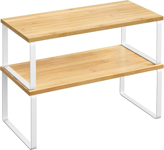 SONGMICS Cabinet Organizer Shelf, Set of 2 Kitchen Counter Shelves, Kitchen Storage, Spice Rack, Stackable, Expandable, Metal and Engineered Wood, Cloud White and Natural Beige UKCS200W01 by Unknown