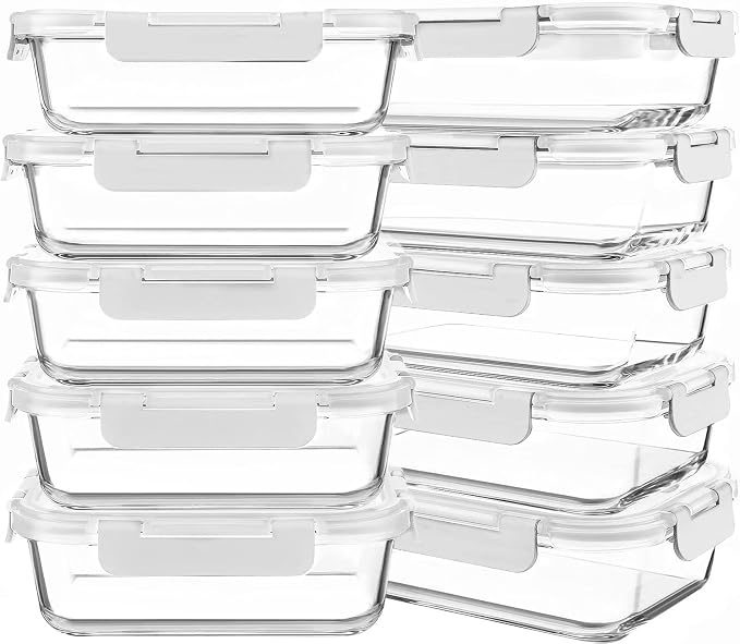 10 Packs 30 oz Glass Meal Prep Containers,Glass Food Storage Containers with Lids,Airtight Lunch Bento Boxes,Microwave, Oven, Freezer and Dishwasher,White by KOMUEEUS