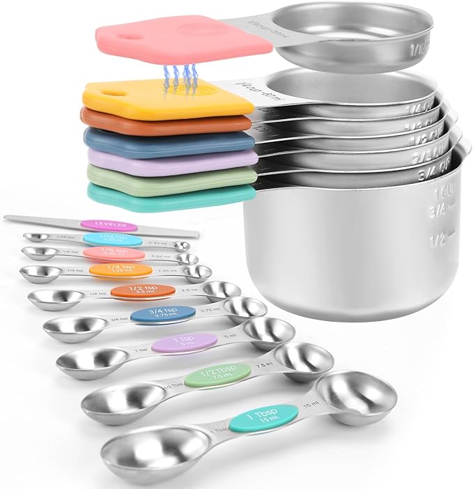 Magnetic Measuring Cups and Spoons Set-Heavy Duty 304 Stainless Steel，Double Measurement Markings，Set of 16 with Leveler for Measure Dry and Liquid Ingredients by HOUJIP