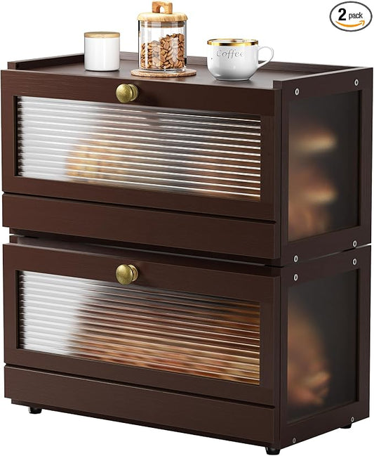 Stackable Bread Box for Kitchen Countertop, 2 Tier bamboo Bread Storage Container Holder Bin for Baked Goods Snacks Farmhouse Breadbox with Acrylic Window for Pantry Cabinet Cupboard, Brown by Unknown