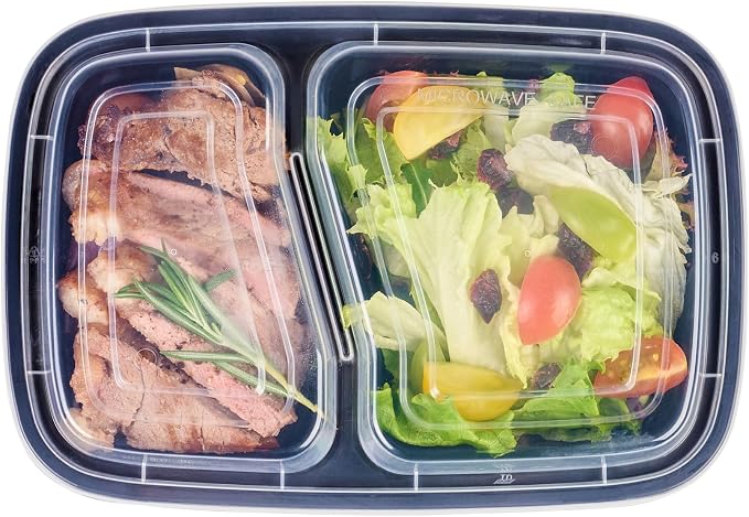 Asporto 32 Ounce Compartment Take Out Boxes, 50 Microwavable Meal Prep Containers - 2 Compartments, With Clear Plastic Lids, Black Plastic Food Containers, Do Not Contain BPA - Restaurantware - Image 12