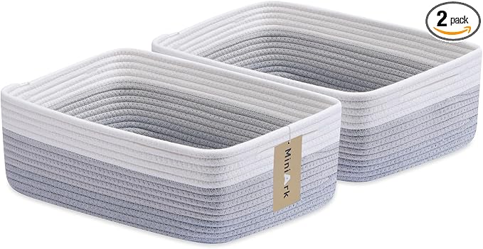MiniArk Large Shallow Organizing Baskets 15x11x5.1 Inches - Rope Woven Storage Bins for Bathroom, Shelves, Cube Closet, Gradient Grey 2 Packs by MiniArkStorageBasketsHome