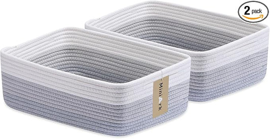MiniArk Large Shallow Organizing Baskets 15x11x5.1 Inches - Rope Woven Storage Bins for Bathroom, Shelves, Cube Closet, Gradient Grey 2 Packs by MiniArkStorageBasketsHome