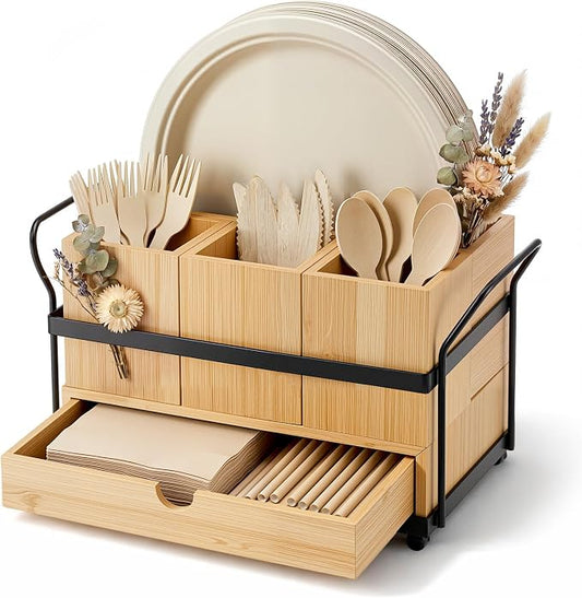 Qunclay Wooden Silverware Caddy with Drawer, Paper Plate Organizer Holder Dispenser for Party, Utensil Cutlery and Flatware Holder with 4 Compartments for Forks, Spoons, Napkins, Kitchen Countertop by Qunclay