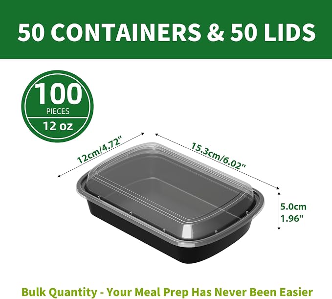 12oz Meal Prep Containers, 50 Pack Disposable Food Storage Boxes with Lids | Small, Single Compartment, Leakproof Lids, BPA Free, Microwave Freezer Safe, Plastic To Go Bento Boxes for Lunch Takeout - Image 2