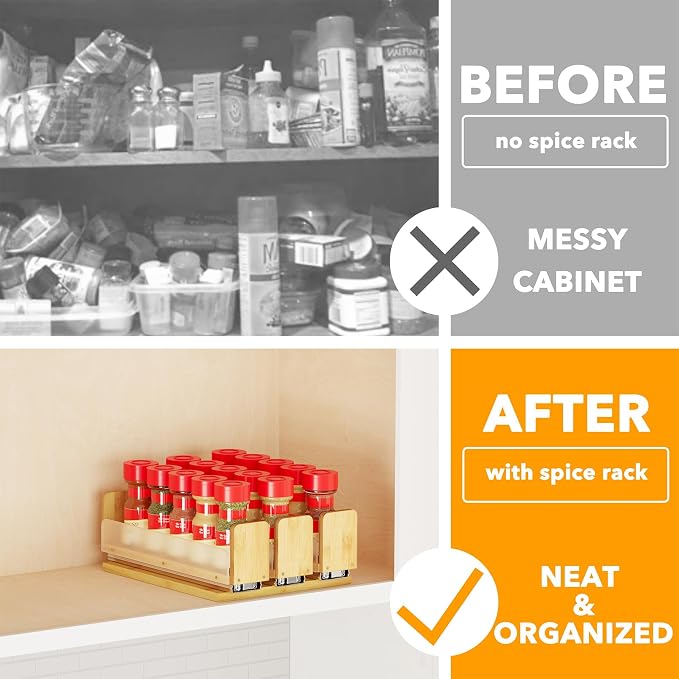 SpaceAid Bamboo Pull Out Spice Rack Organizer for Cabinet, Heavy Duty Slide Out Seasoning Kitchen Pantry Sliding Vertical Organization, 7.6" Wide, 3 Drawers(2" Wide), 1-Tier, Natural - Image 2