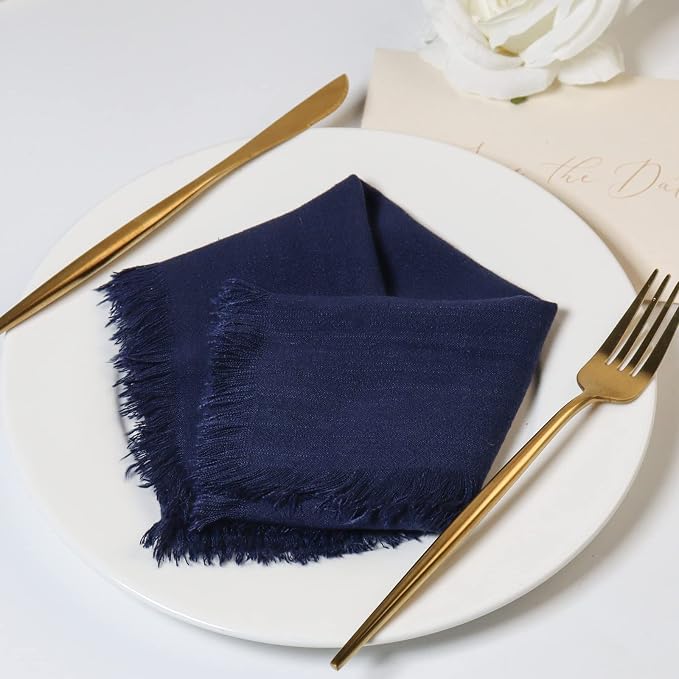 Handmade Cloth Napkins with Fringe,18 x 18 Inches Cotton Linen Napkins Set of 6 Versatile Handmade Square Rustic Fringe Napkins for Dinner, Wedding and Parties, Navy Blue - Image 2
