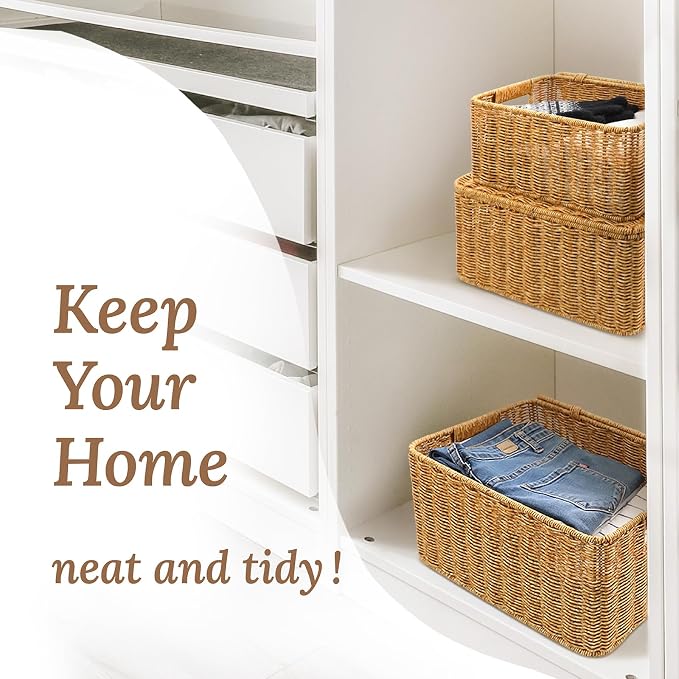 WeeNest Baskets with Handles, Wicker Storage, Shelf Boxes for Organizing, Stackable Woven Bins, Decorative Lidded Resin, Set of 3, Amber - Image 4