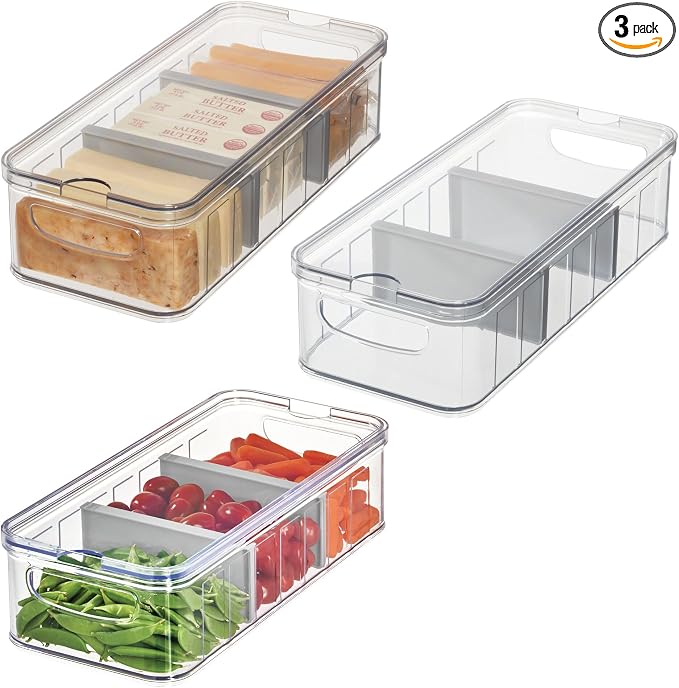 iDesign Large Fridge Organizer Bin, Clear/Gray, Set of 3 | Removable Divider, With Lid by iDesign