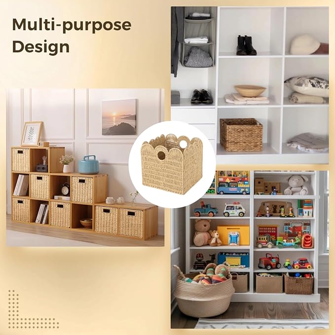 4 Pcs 12x12 Scalloped Wicker Storage Cubes - Woven Paper Rope Storage Baskets, Foldable Square Bins with Handles, Collapsible Containers for Shelves, Closets, 11.8×11.8×11.8" - Image 6