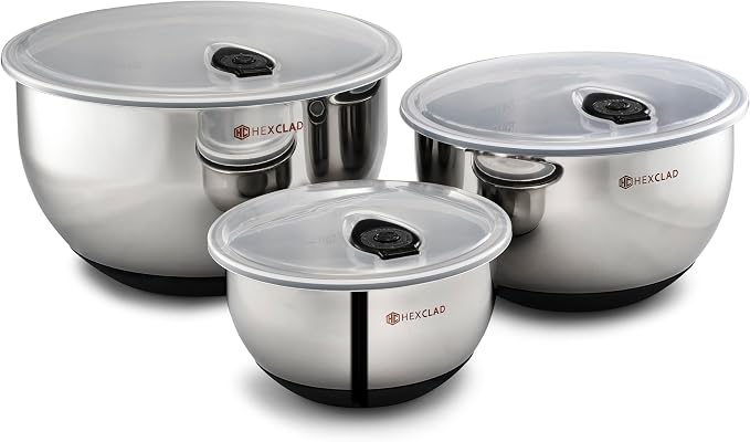 HexClad 3 Piece Stainless Steel Mixing Bowl Set with Vacuum Seal Lids | Non-Slip Base, 1.3 ,3 and 5 Quarts by Unknown