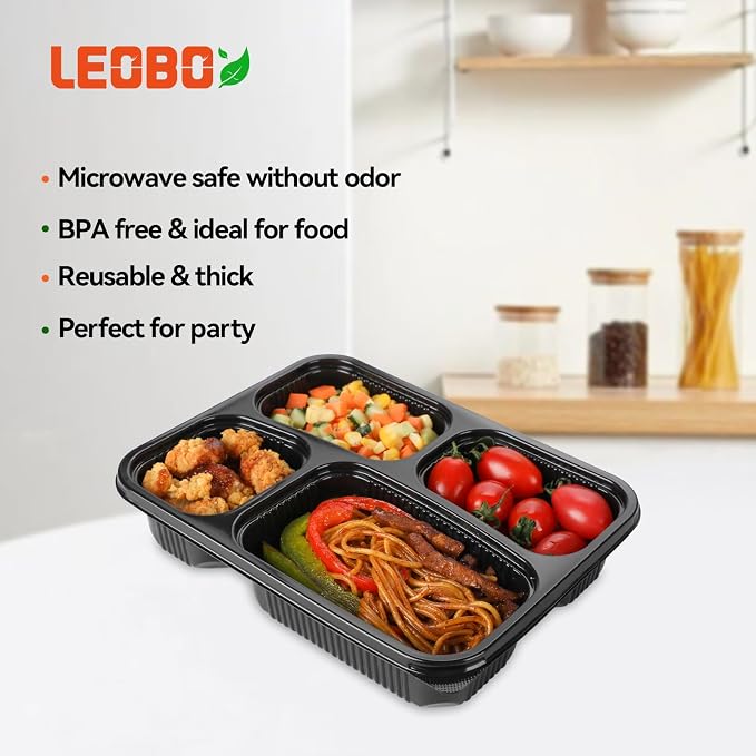 40 Pack 34oz 4-Compartment Bento Box - Shrink-Wrapped No Pre-Wash | Leak-Resistant Takeout Containers | BPA Free Shatterproof Flexible PP | Microwave Safe To Go Box, Bulk Leftover Storage - Image 4