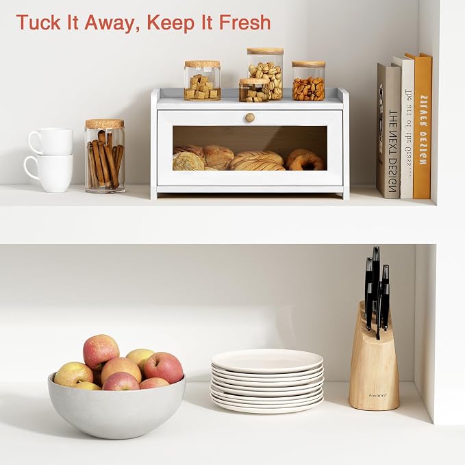 Goozii White Bread Box for Kitchen Countertop, Modern Counter Breadbox for Homemade Bread, Large Corner Bread Storage Container for Sourdough Loaf Organizers and Storage (White Bamboo Wood) - Image 2