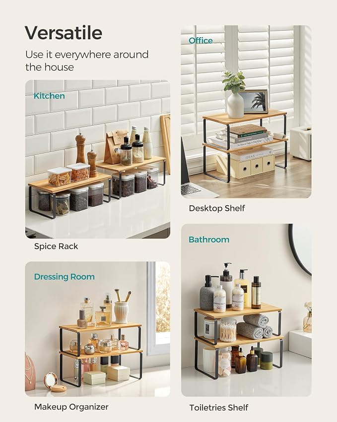 SONGMICS Cabinet Organizer Shelf, Set of 4 Kitchen Counter Shelves, Kitchen Storage, Spice Rack, Stackable, Expandable, Metal and Engineered Wood, Ink Black and Natural Beige UKCS210B01 - Image 4