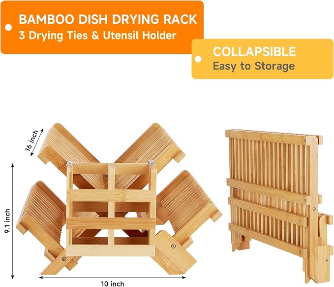 Bamboo Dish Drying Rack, 3-Tier Collapsible Wooden Dish Rack with Utensil Holder, Bamboo Dish Drainer Rack for Kitchen Counter 25pcs - Image 4