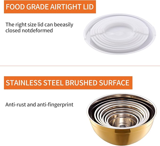 Gold Mixing Bowls with Airtight Lids, Stainless Steel Nesting Mixing Bowls Set of 7, Ideal for Baking, Prepping and Serving Food, Size 7, 3.6, 2.7, 2.1, 1.5, 1.1,0.8 QT, Stackable Design - Image 5