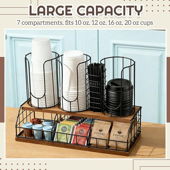 18oz Adjustable Coffee Cup Dispenser with Wooden Base, Cup and Lid Holder, Cups Holder Organizer for Coffee Pod Straw and Lid Storage(4-compartment Double,Color 1) - Image 3