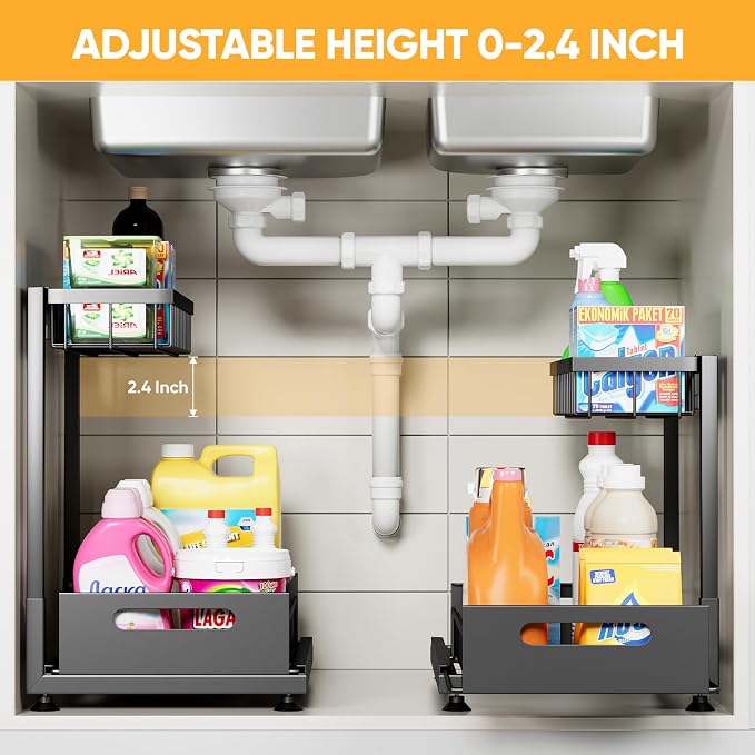 L-Shaped Under Sink Organizer, 2-Tier Pull-out Cabinet Rack 1-Pack | Black Height-Adjustable Steel Rack, Sliding Grid Drawers with PP Liners, Holds 100 Lbs, Suction Base, Ideal Kitchen Storage - Image 2