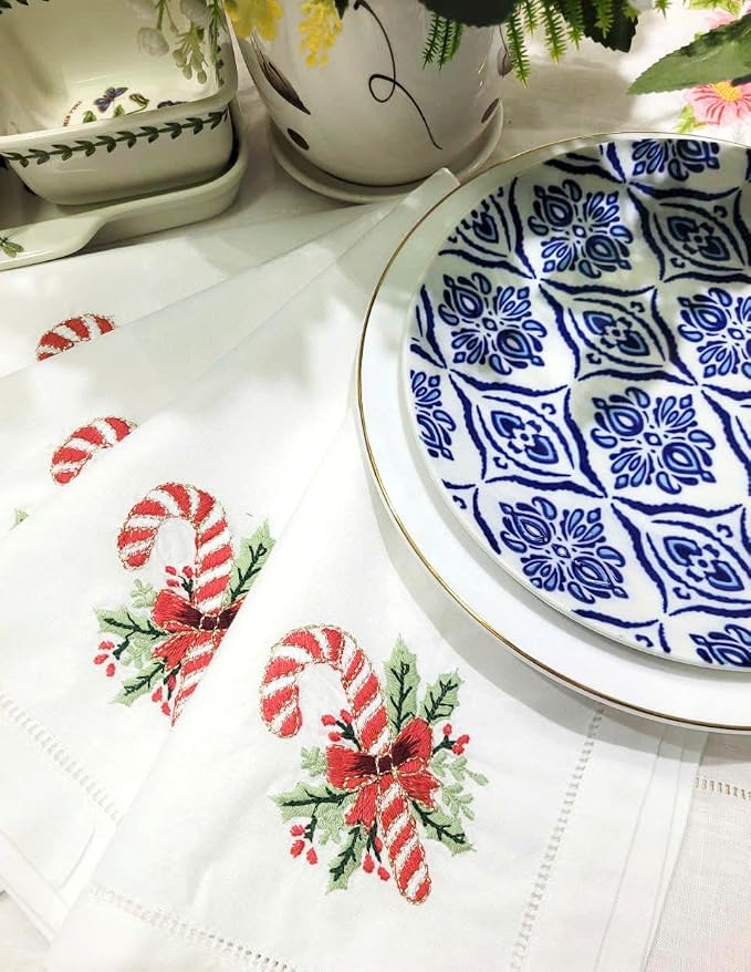 Embroidered Cloth Napkin Red Candy Cane and Holly Christmas Cotton Napkins Set of 6, 20x20 Hemstitch Table Napkins Machine Washable, Daily & Christmas, Great Present Ideas - Image 7
