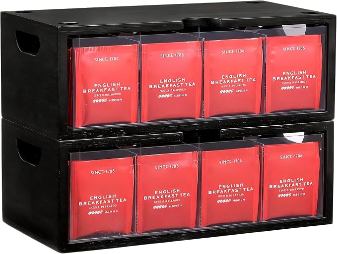 Bamboo Stackable Tea Bag Organizer - 2-Piece Large Capacity Box Set | 2-piece stackable tea box set with large capacity. Eco-friendly bamboo organizers to neatly store tea bags and sugar packets by EVERBBKING