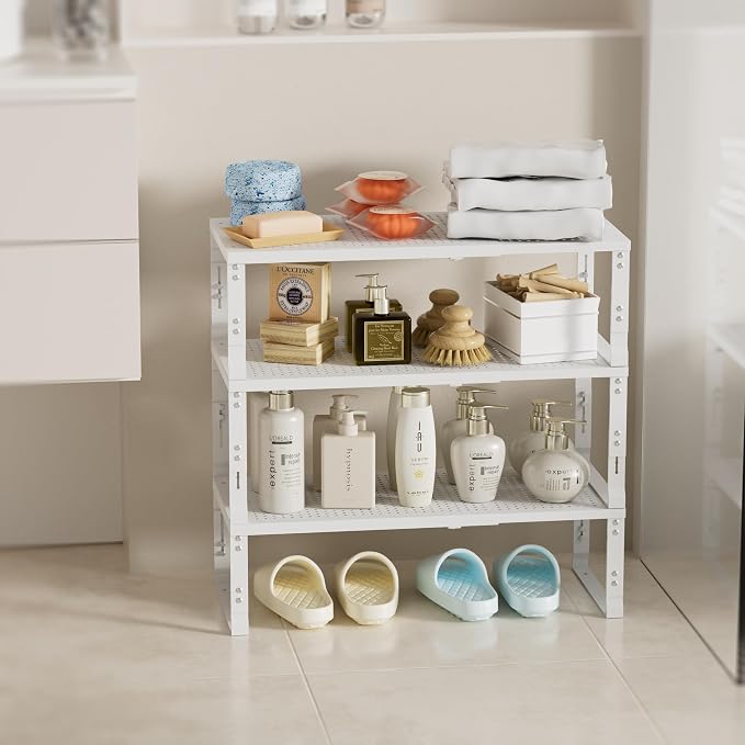 Expandable Spice Rack,Stackable Storage for Cabinet, Multi-Functional Kitchen Shelving,Height-Adjustable,Sustainable Organizer Solution(3Packs/White/Large) - Image 2