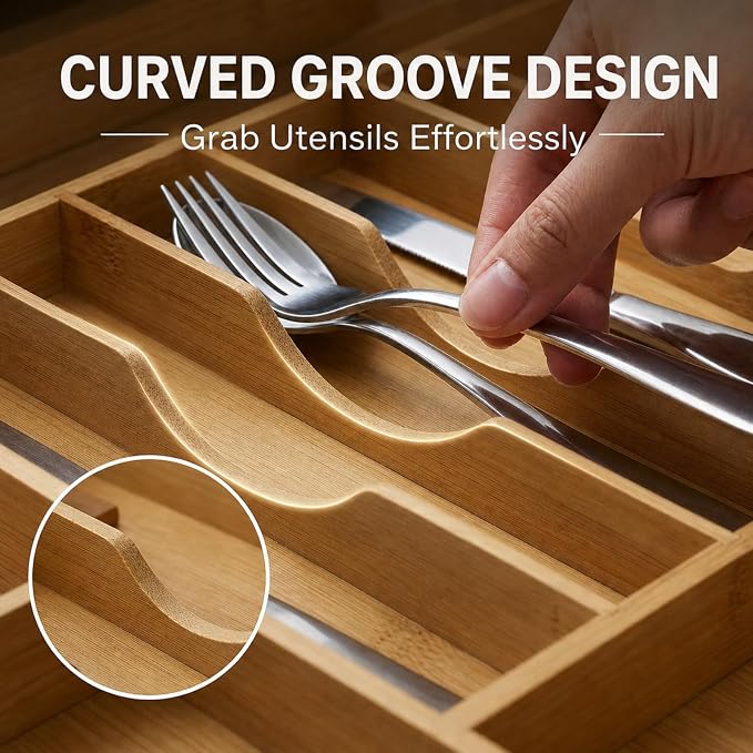 18.5"-33" Expandable Bamboo Silverware Utensil Drawer Organizer | 11-13 Deep Slots with Adjustable Dividers, Solid Bamboo Construction, Non-Slip Design - Image 4
