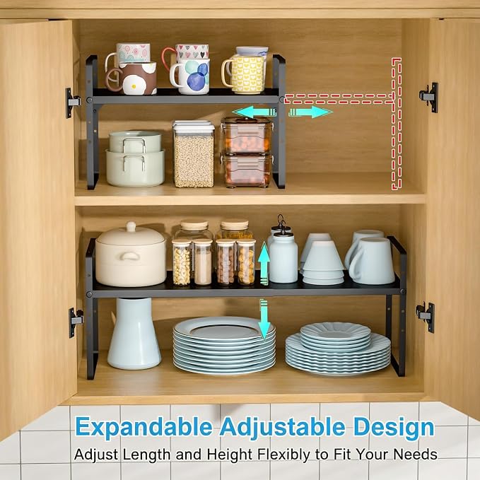 15.5 to 25.5 Inch Kitchen Cabinet Shelf Organizers, Adjustable Kitchen Counter Shelf Organizer, Set of 3 Expandable Countertop Storage Shelves, Stackable Design, 30LBS Heavy Duty, Space Saver - Image 4