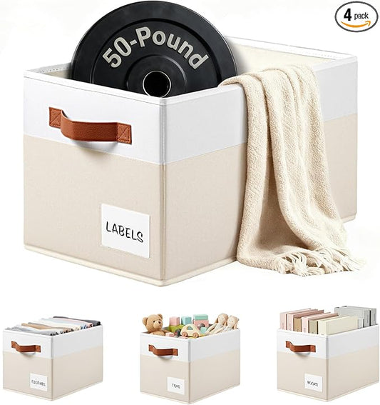4 Pack Large Closet Storage Baskets for Shelves - 14x10 Heavy Duty Closet Shelf Organizer Bins with Handles & Labels - Decorative Collapsible Baskets for Organizing Living Room Bedroom Nursery Dorm by Criusia