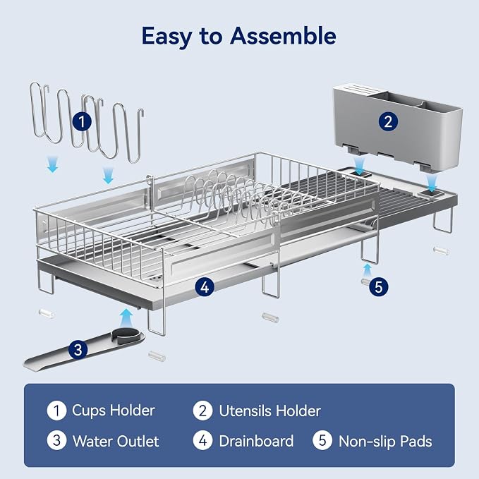 Stainless Steel Dish Drying Rack - Expandable Dish Racks for Kitchen Counter Organizer with Drain Board, Detachable Utensil & Cup Holder, Dish Drainer for Small Kitchen Counter, Grey - Image 7