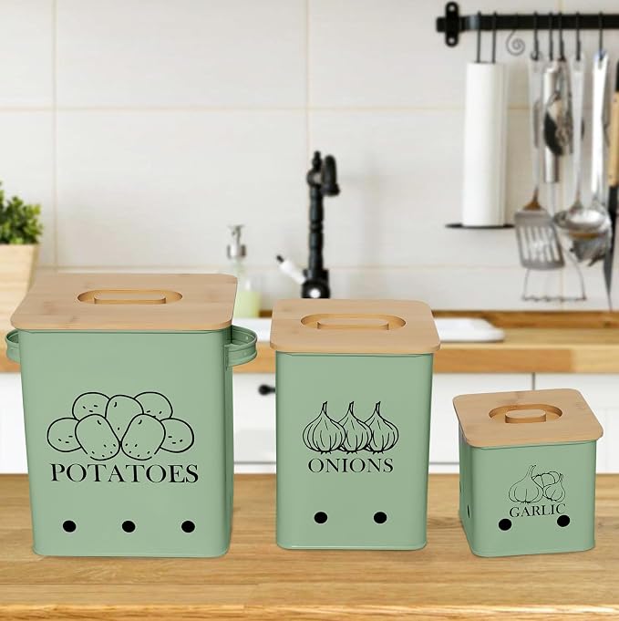 Kitchen Canisters Set, Storage Bin for Potato Onion & Garlic, 3 Pack Set Countertop Pots Containers with Wooden Lid - Potato Storage, Garlic Bin, Onion Keeper Tin with Aerating Holes-Green - Image 5