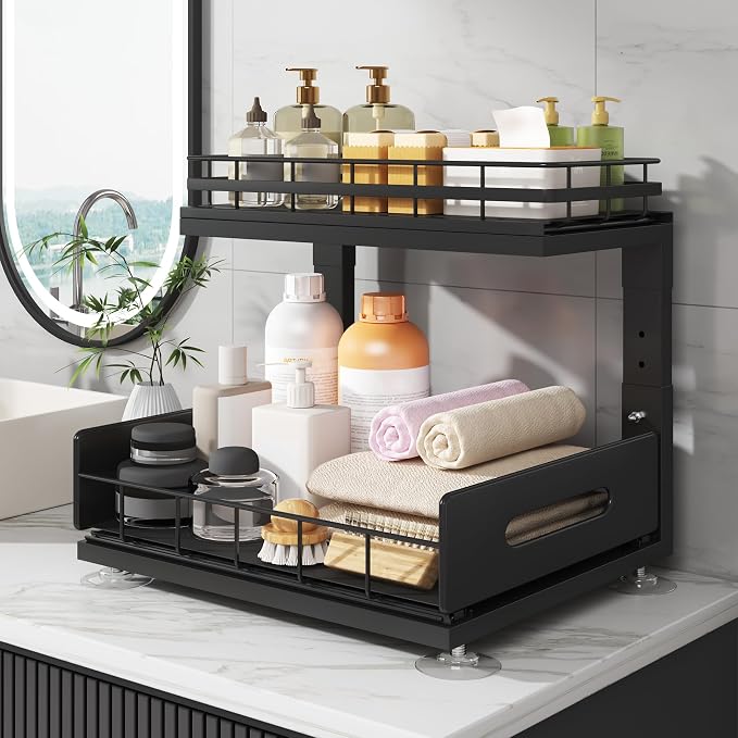 Under Sink Organizer Upgrade To Professional Rails,2-Tier Dual Pull Out Cabinet Storage,Height Adjustable Slide Out Drawers For Bathroom Kitchen,2 Pack-14.5" Dx12.8-16.9" H,Black - Image 7