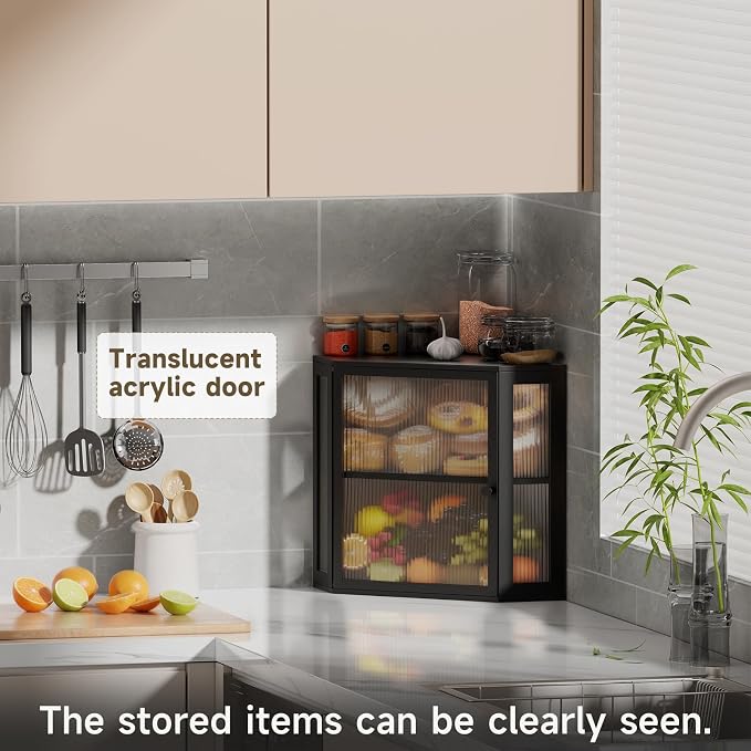 Corner Bread Box for Kitchen Countertop,Bread Storage Bin (Black, Medium) | Double Layer Large Capacity Bamboo Bread Container with Acrylic Door,Height Adjustable - Image 7