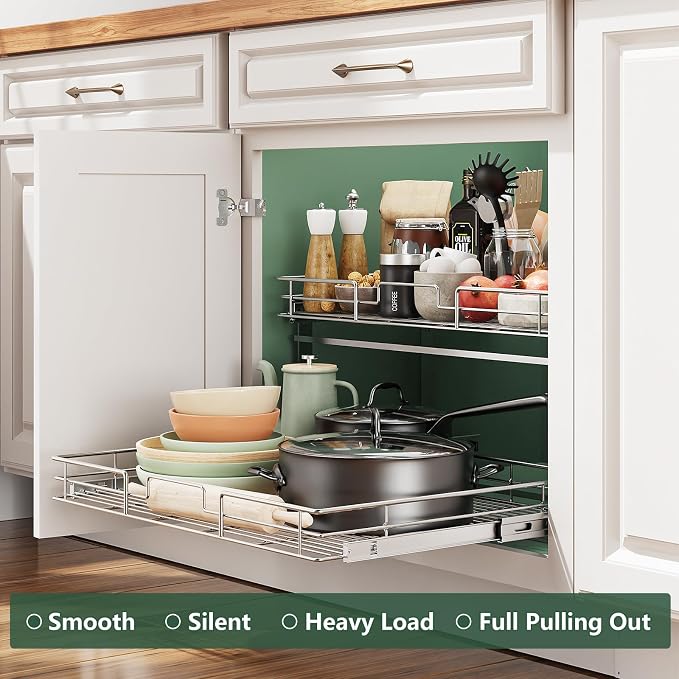 LOVMOR 2 Tier 28½"W x 21½"D, Individual Pull Organizer Kitchen Cabinet Storage Sliding Shelves - Image 2