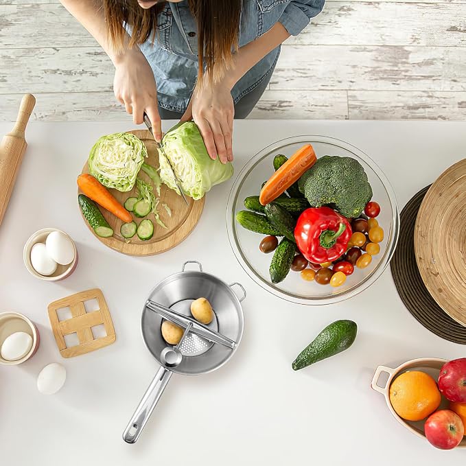 Amosfun Potato Ricer, Stainless Steel Potato Masher, Manual Rotating Potato Ricer, Rice Press for Tomato Sauce, Applesauce, Puree, Mashed Potatoes, Baby Food, Fruit and Vegetables - Image 2