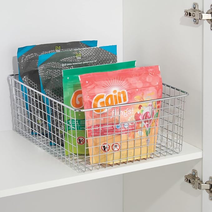 mDesign Metal Wire Food Storage Basket Organizer with Handles for Organizing Kitchen Cabinets, Pantry Shelf, Bathroom, Laundry Room, Closets, Garage - Concerto Collection - 2 Pack - Chrome - Image 3