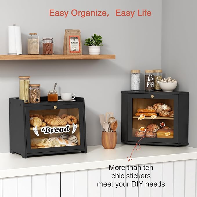Goozii Corner Bread Box for Kitchen Countertop, Black Bread Storage Container for Homemade Bread, Two Layer Breadbox under Cabinet Mount, Large Bread Holder for Kitchen Counter, Pantry Shelf - Image 4